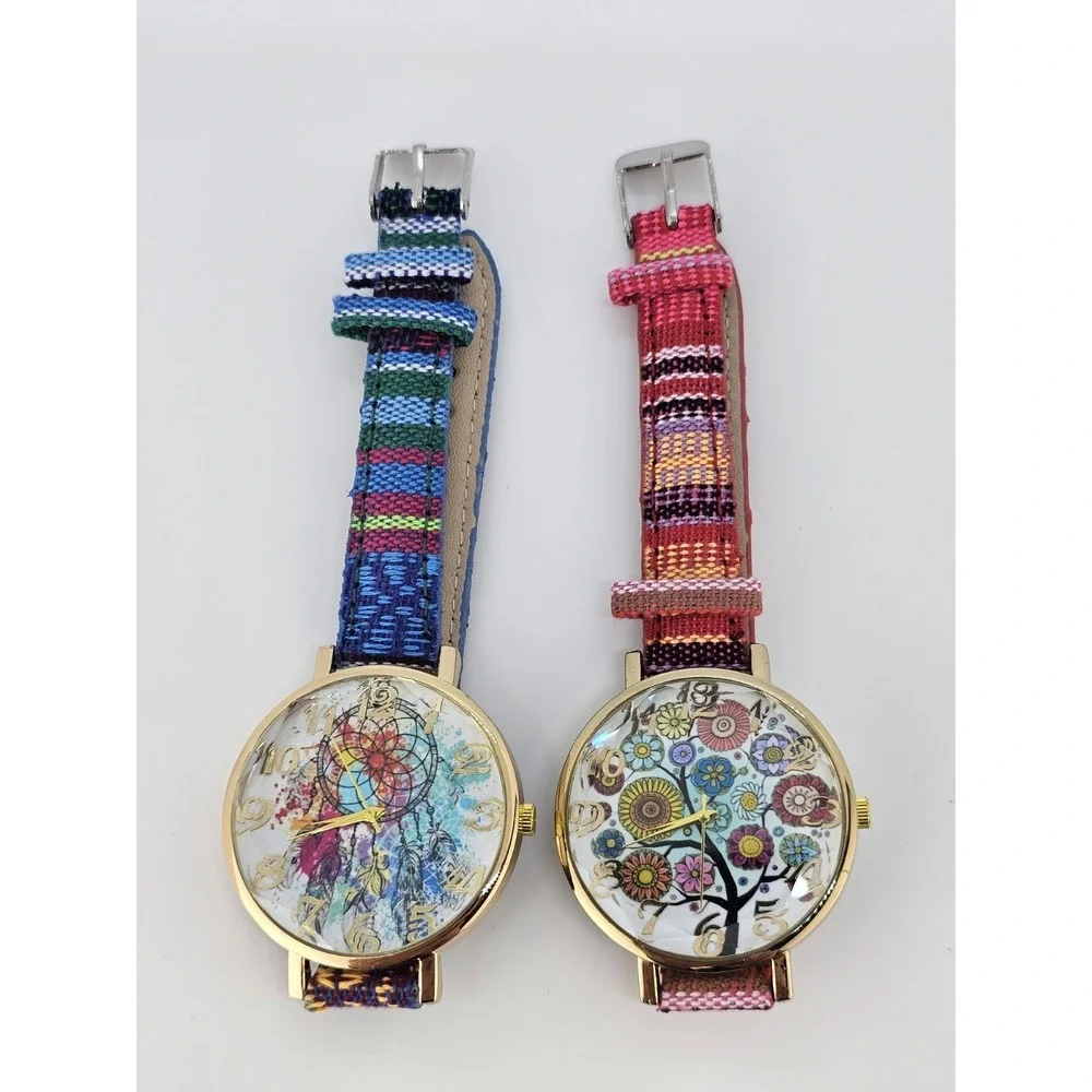 2X Women Watch 38MM Multicolor‎ Dial Multicolor Leather Fabric Bands NEW Battery